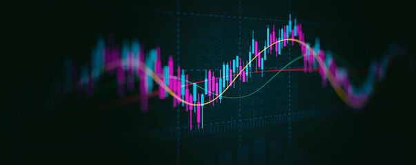 Financial graph with up trend line candlestick chart in stock market on neon color Widescreen background
 - obrazy, fototapety, plakaty
