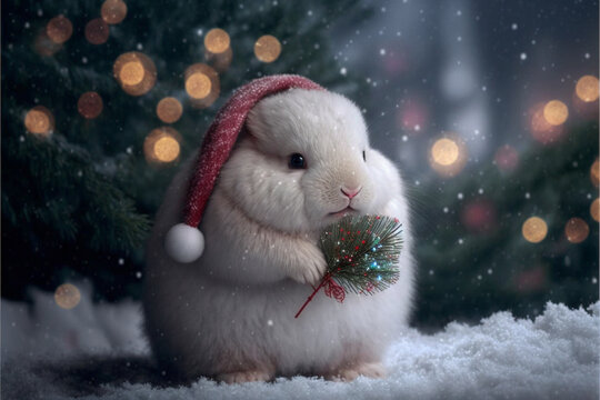 Little tiny bunny dressed up as Santa claus on snowing and christmas tree background.