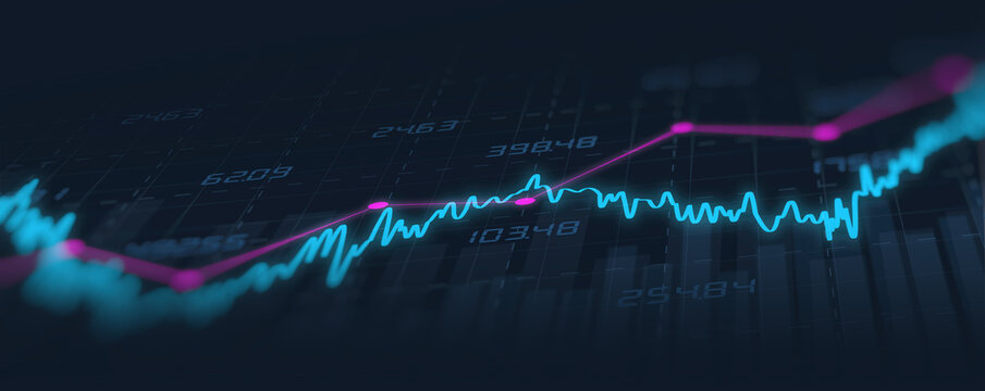 Financial graph with up trend line candlestick chart in stock market on neon color Widescreen background
