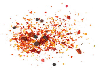 Spicy mixture of spices with chopped lemon peel, chili, peppercorns (black, green and red), mustard seeds, allspice, chopped ginger, isolated on white, top view