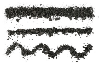 Black coal with fragments in shape lines and wave isolated on white background and texture, top view