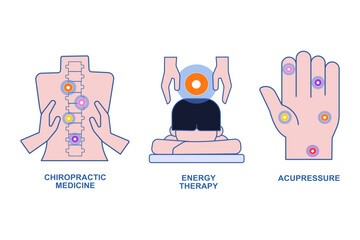 Different types of body Energy Therapies for relaxing flat vector illustration.
