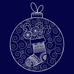 A festive decoration made of patterns and a Christmas sock with sweets inside a Christmas ball. Merry Christmas and Happy New Year 2023. Vector illustration