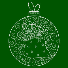 Festive decoration made of patterns and Santa's bag with gifts and sweets inside the Christmas ball. Merry Christmas and Happy New Year 2023. Vector illustration