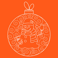 Festive decoration made of patterns and a cheerful snowman inside a Christmas ball. Merry Christmas and Happy New Year 2023. Vector illustration