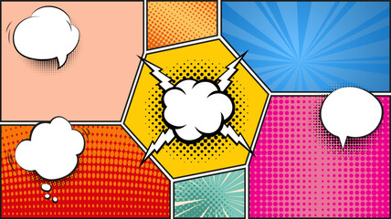Superhero comics cartoon poster background. Halftone pop art style template. Comic page for book or magazine, banner vector design with speech bubbles