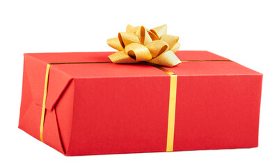 red gift boxes tied with golden ribbons on white background. Gift oncept for Happy New Year,...