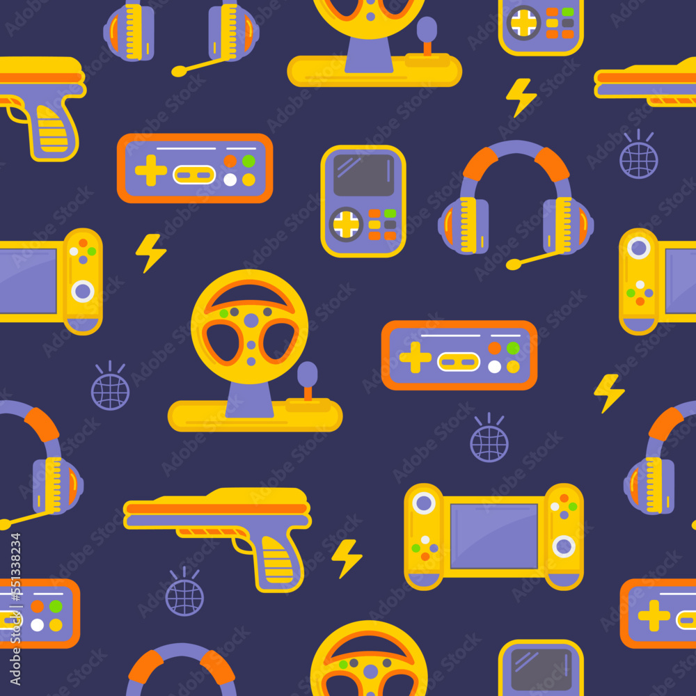 Poster video gaming seamless pattern. joystick, digital computer game flat gadgets. elements for online gam