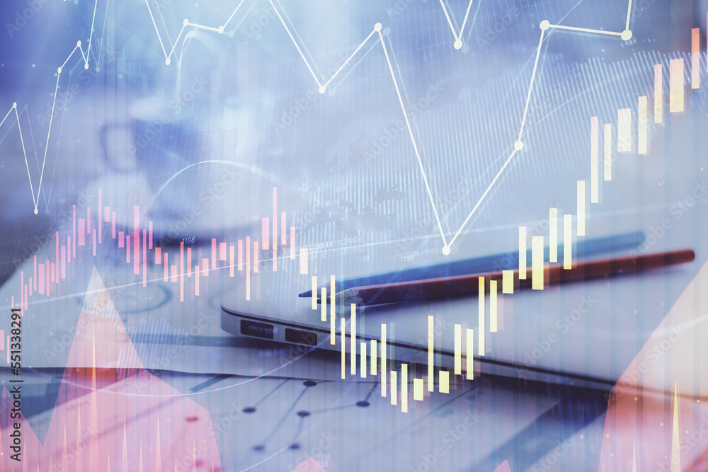 Poster forex graph hologram on table with computer background. double exposure. concept of financial market