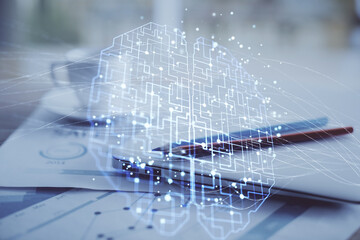 Fototapeta premium Double exposure of desktop with computer and brain drawing hologram. Artificial intelligence concept.