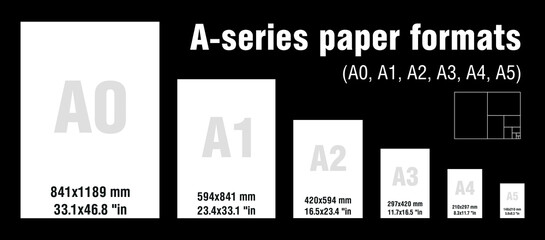 A-series paper formats size a0 a1 a2 a3 a4 a5 with labels and dimensions in milimeters international standard - obrazy, fototapety, plakaty