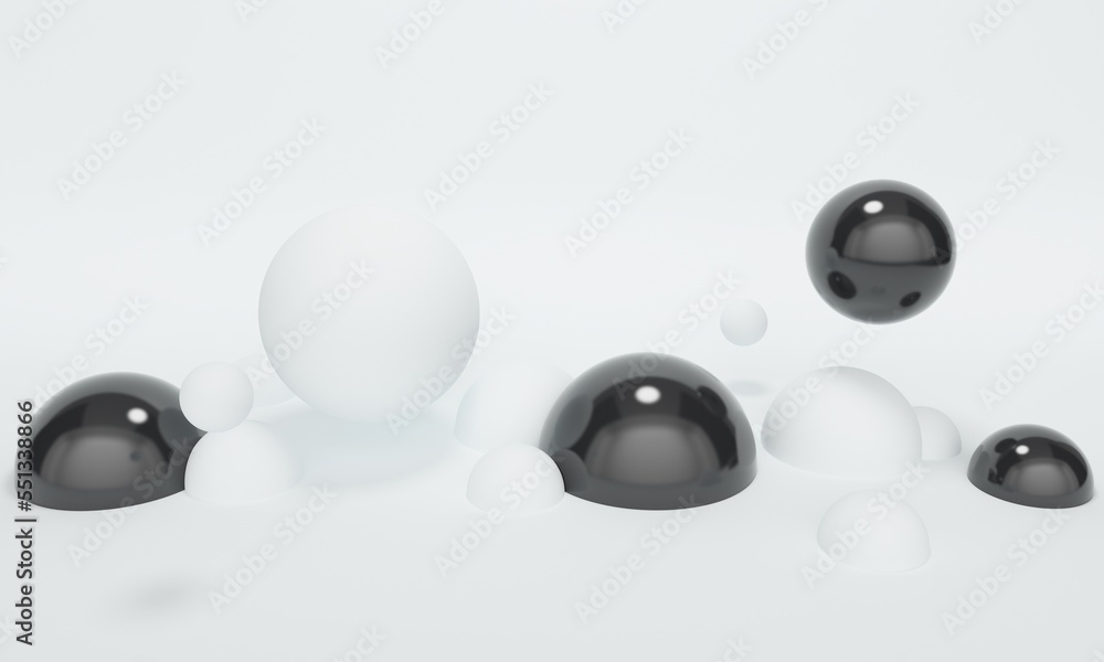 Poster white abstract background with black shiny flying bubbles. 3d rendering