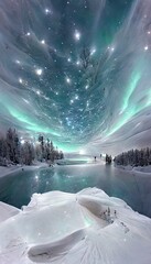Winter snow covered landscape, northern lights in the sky reflecting on the lake, icy blue colors, Merry christmas and happy new year greeting background
