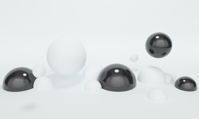 White abstract background with black shiny flying bubbles. 3d rendering
