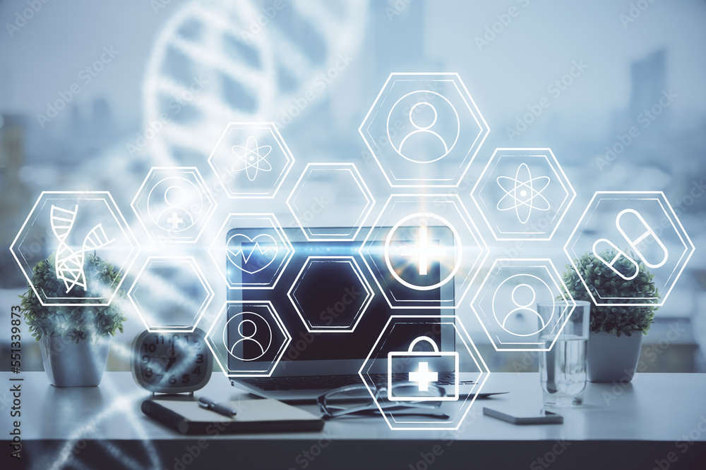 Poster desktop computer background and dna drawing. double exposure. science concept.
