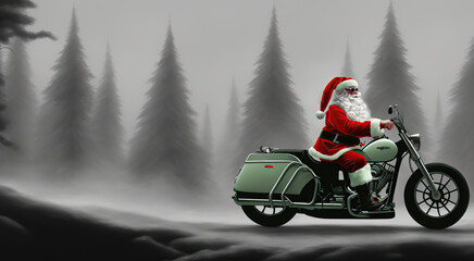 Santa Claus on a motorbike in the snow