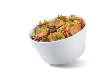 Kidney beans tomato paste sausage rice stew in a bowl on a white isolated background