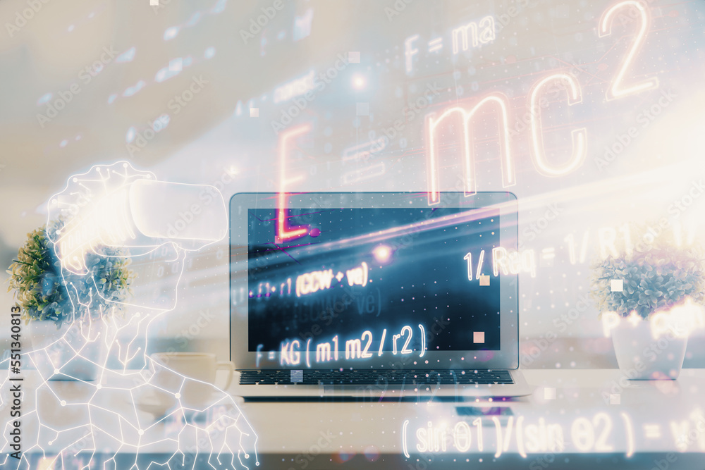 Poster desktop computer background and formula hologram writing. double exposure. education concept.