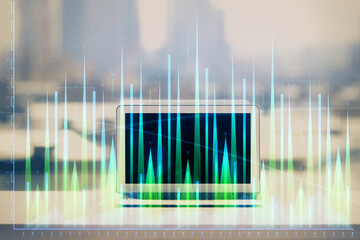 Forex Chart hologram on table with computer background. Multi exposure. Concept of financial...