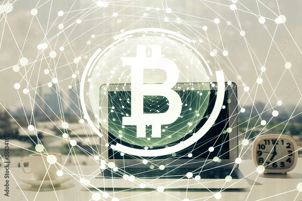 Aufkleber Double exposure of blockchain and crypto economy theme hologram and table with computer background. Concept of bitcoin cryptocurrency.