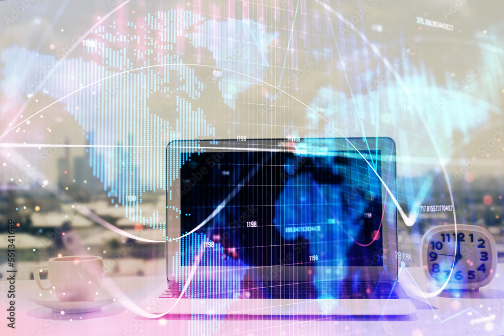 Poster double exposure of business theme icons and work space with computer background. concept of success.