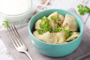 Russian national dish pelmeni served in a plate