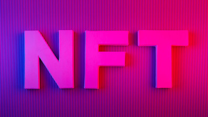 NFT non-fungible token on a neon pink-purple background. Crypto art concept