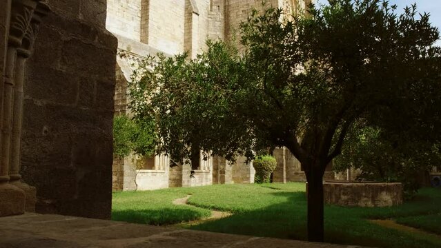 Wide view of the cloisters of the Cathedral of Evora, Portugal, one of the oldest and most important local monuments dating to 1746