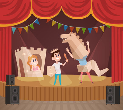 Kids performance. children show fairy tale stories on stage kids in cardboard costume. vector