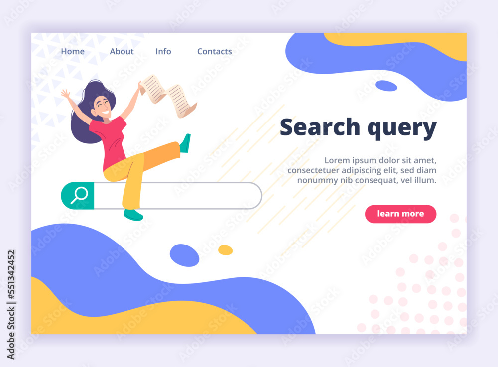 Poster seo landing page. website template with search bar and characters find job or recruitment service ex