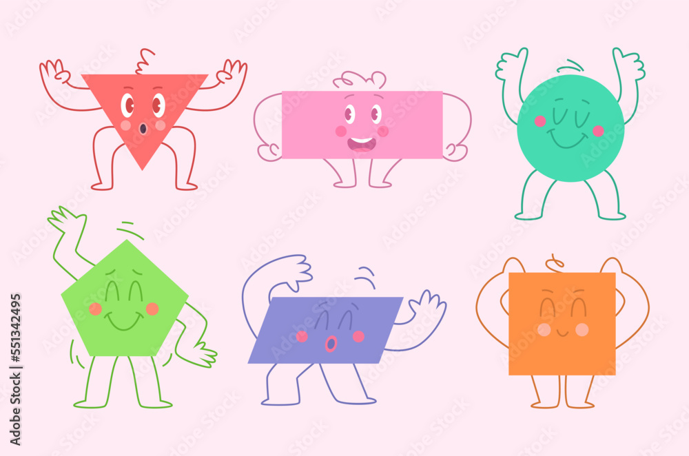 Poster geometric characters. funny abstract figures with faces different emotions simple shapes form circle