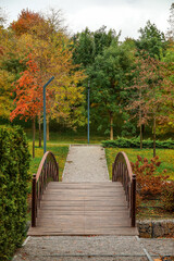 View of autumn park with wooden bridge and trees