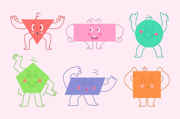 Geometric characters. Funny abstract figures with faces different emotions simple shapes form circle triangle square exact vector template