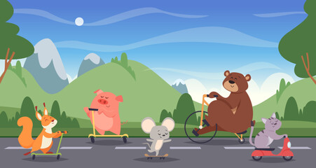 Animals riding background. Cartoon template with funny animal in action poses riding scooter exact vector concept of fast moving