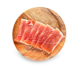 Wooden board with slices of delicious ham on white background