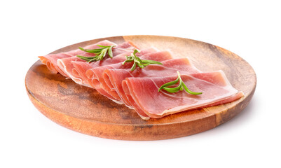 Wooden board of delicious ham with rosemary on white background