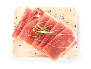 Plate with slices of tasty ham isolated on white background