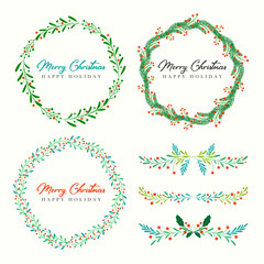 Christmas wreath and Christmas border set with fir branches, leaves and holly berries for greeting card and poster