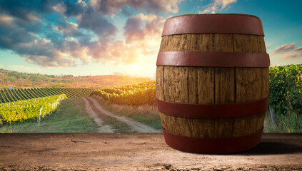 Glass Of Wine With Grapes And Barrel On A Sunny Background. Italy Tuscany Region. High quality photo