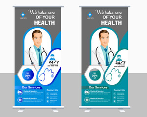 Healthcare and medical roll up and standee design banner, Corporate Medical roll up banner vector template design or poll up standee for healthcare hospital.