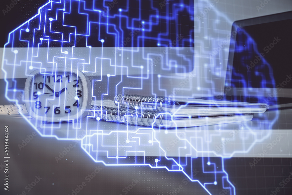 Poster Double exposure of table with computer and brain hologram. Data innovation concept.