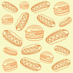 Burger and hot dog is a fast food that will brighten up your lunch, burger, hot-dog, live tasty, food, cutlet, sausage, contour, vector, illustration, pattern