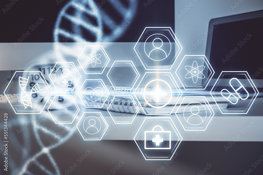 Poster desktop computer background and dna drawing. double exposure. science concept.