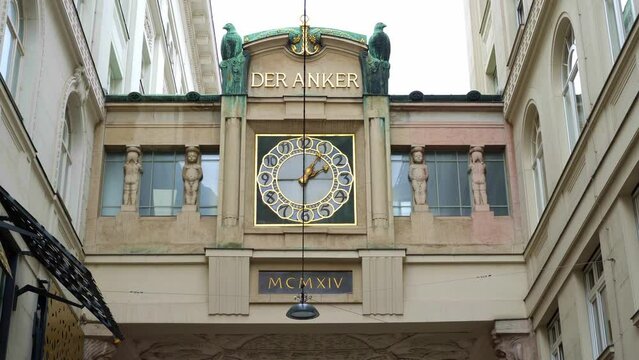 Anker clock, Ankeruhr, famous astronomical clock in Vienna, Austria built by Franz von Matsch. tourist attraction, travel guide and sights of city breaks. landmarks and on road trip concept