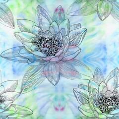 Lotus flower. Seamless pattern on a watercolor background. Wallpapers of medicinal, perfumery and cosmetic plants.