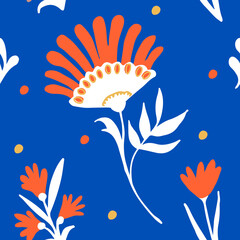 Vector seamless pattern with doodle flowers, Ukrainian folk motifs, cute background for textiles, banners, pillows, etc.