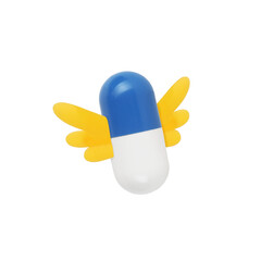 Medicament drug capsule pill with wing is flying on white background. Pharmaceutical industry...