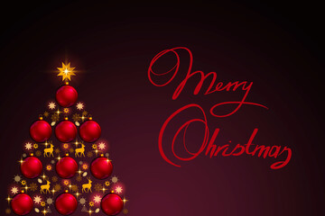 Christmas tree with colorful balls isolated on red background.