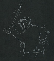Angry grandpa threatening to hit with his stick. Drawn with white ink on black striped cardboard