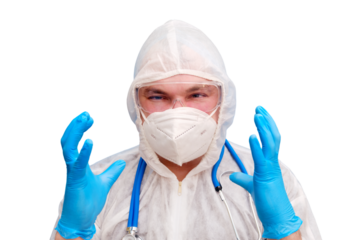 Man doctor medic in a protective suit uniform with goggles and face mask, isolated on a white background. Paramedic in white antiviral protective clothing wearing an N95 respirator and safety glasses